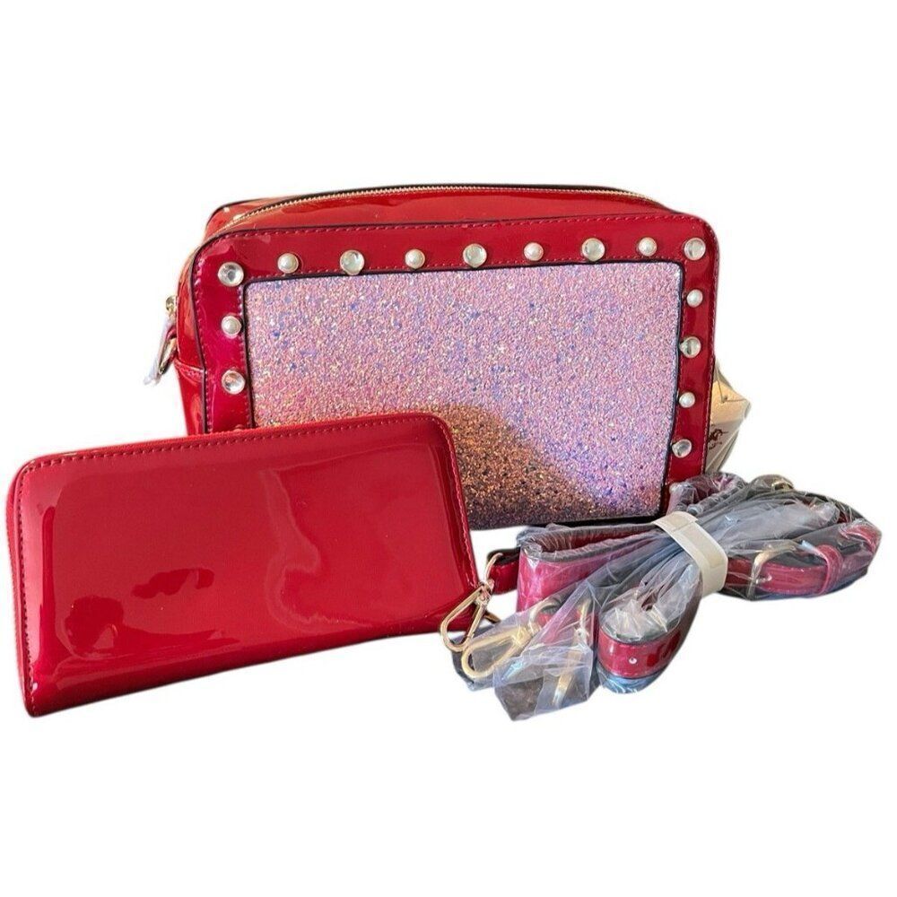 Red Sequin Glitter Zip Crossbody Purse & Matching Wallet Shiny Sparkly Bag NWT